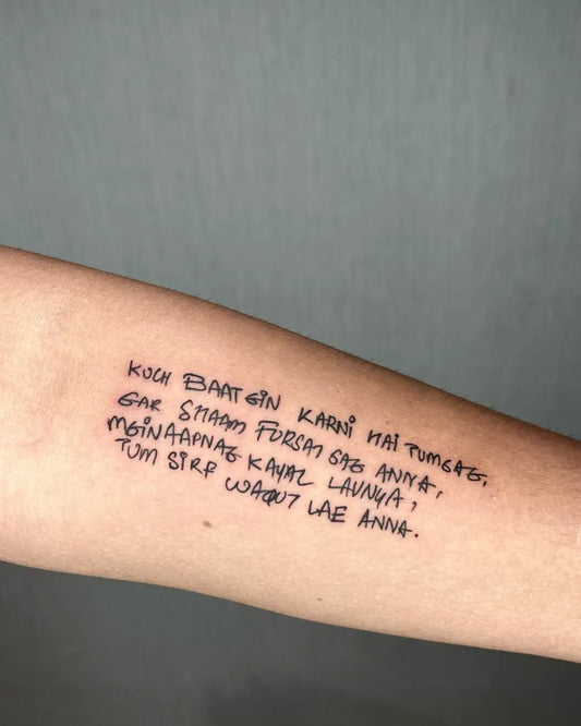 Medium Black and Grey Text Quote Tattoo on Men Arm by @mupaditattoosindia