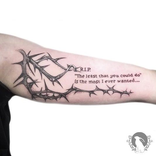 Medium Black and Grey Thorns Quote Tattoo on Men Arm by @whiterabbittattoostudio