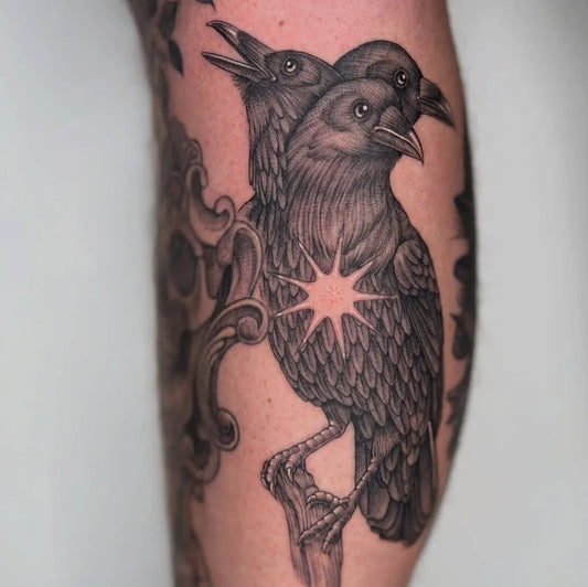 Medium Black and Grey Three Headed Raven on Men Leg Tattoo by @sailorose_