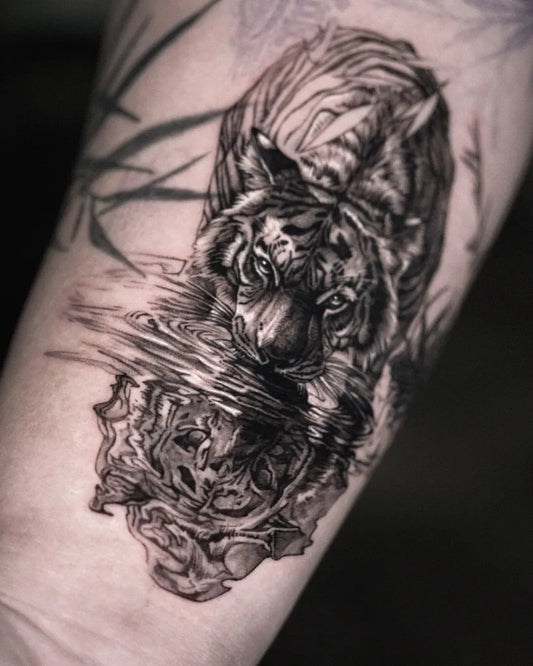 Medium Black and Grey Tiger Reflection on Men Arm Tattoo by @back1_tattooer