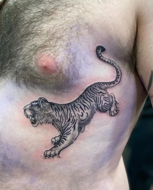 Medium Black and Grey Tiger Tattoo on Men Rib by @phillygtattoos