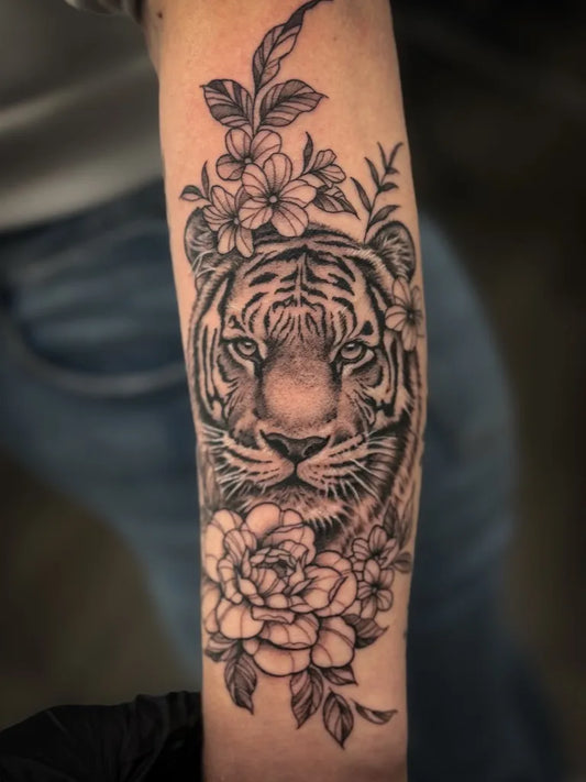 Medium Black and Grey Tiger and Flowers on Women Arm Tattoo by @tomfitchtattoos