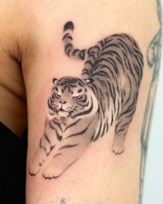 Medium Black and Grey Tiger on Women Arm Tattoo by @moon.cheon