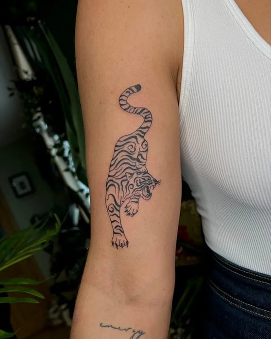 Medium Black and Grey Tiger on Women Arm Tattoo by @wanderrrlusstt