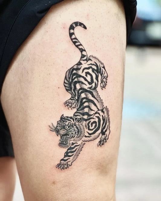 Medium Black and Grey Tiger on Women Thigh Tattoo by @marcus_hartilly