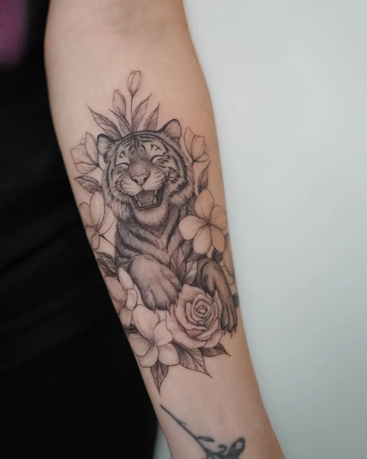 Medium Black and Grey Tiger with Flowers on Women Arm Tattoo by @soul_imagez_tattoo