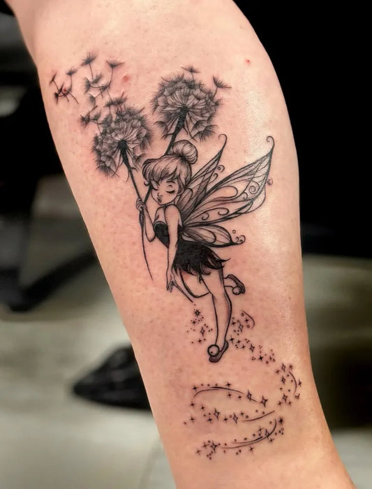Medium Black and Grey Tinkerbell with Dandelions Tattoo on Women Arm by @sasa_mucko.tattoo