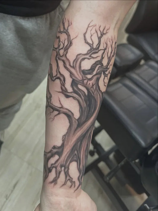 Medium Black and Grey Tree Tattoo on Men Arm by @battleborntattoo