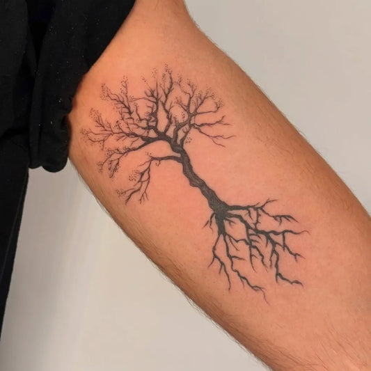 Medium Black and Grey Tree Tattoo on Men Arm by @bullink95