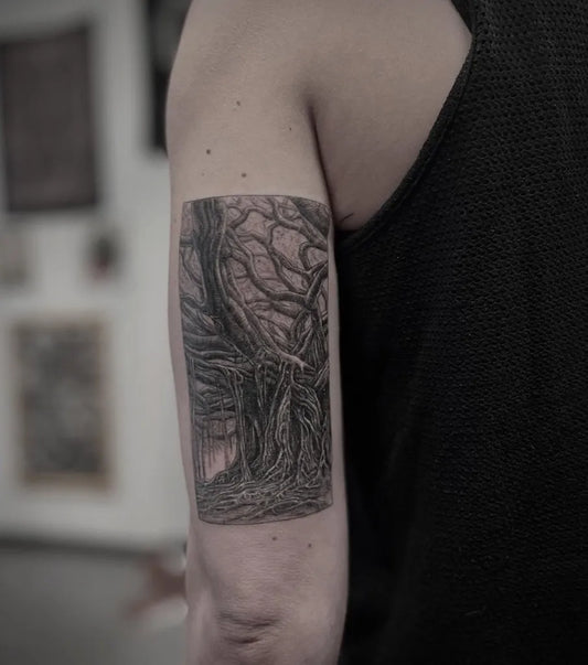Medium Black and Grey Tree Tattoo on Men Arm by @gracespringerart
