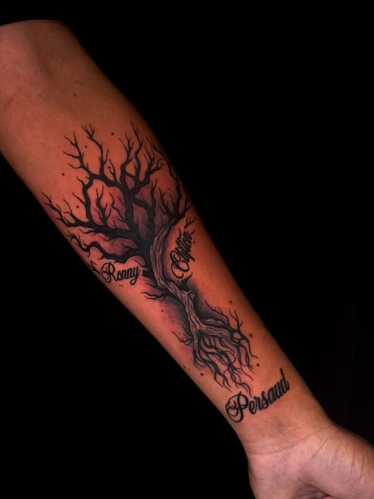 Medium Black and Grey Tree with Faces and Names Tattoo on Men Arm by @markedbykris