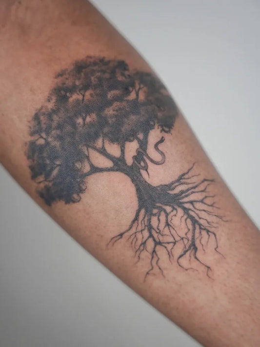 Medium Black and Grey Tree with Snake Tattoo on Men Arm by @junh_tattoo