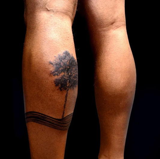Medium Black and Grey Tree with Wave Tattoo on Men Calf by @sickcrayons