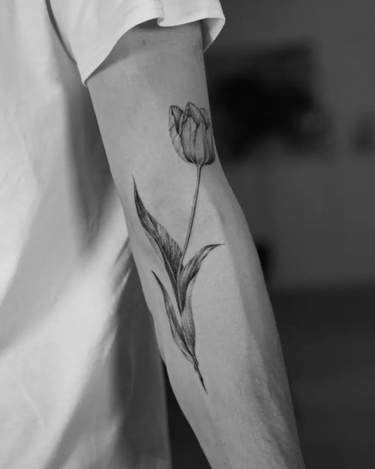 Medium Black and Grey Tulip Tattoo on Men Arm by @willfinchdesign