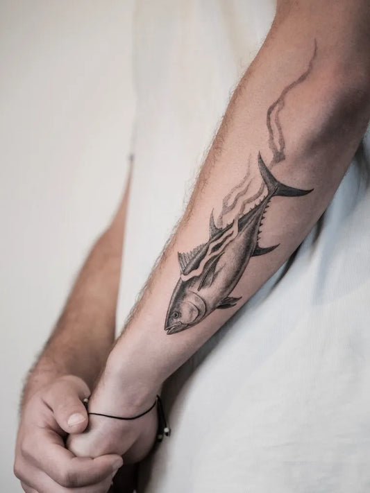 Medium Black and Grey Tuna Fish Tattoo on Men Arm by @dari.inks