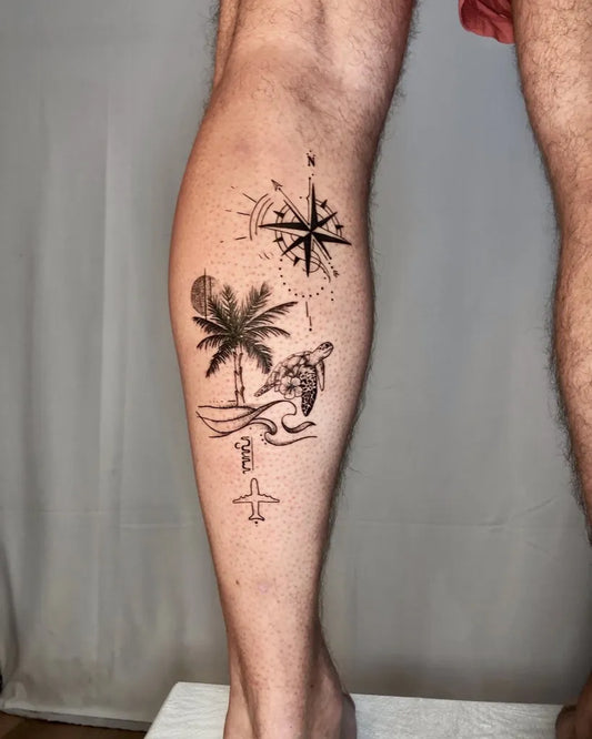 Medium Black and Grey Turtle Palm Tree Compass Tattoo on Men Leg by @yantinotattoo_ubud