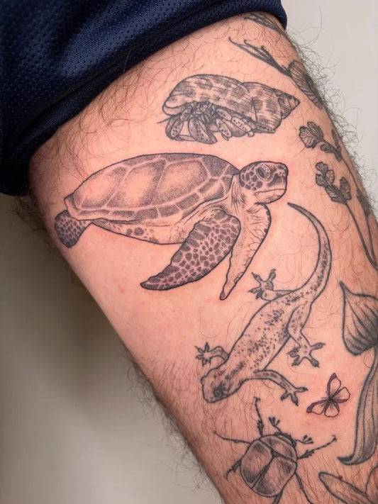 Medium Black and Grey Turtle and Gecko Tattoo on Men Arm by @stilldeathart