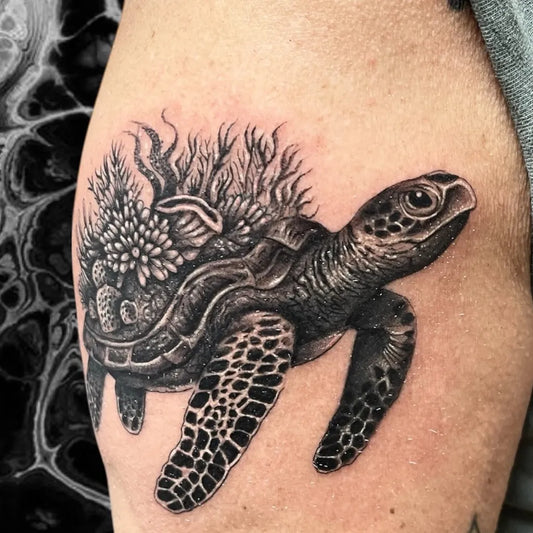 Medium Black and Grey Turtle with Seaweed Tattoo on Men Arm by @marcelopattaro_tattoo