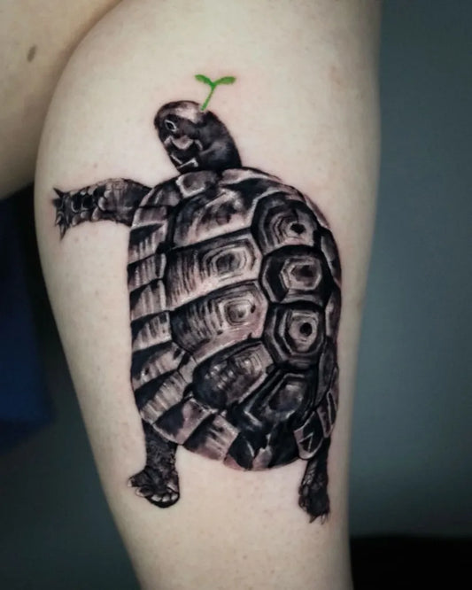 Medium Black and Grey Turtle with Sprout Tattoo on Women Thigh by @mix.blk