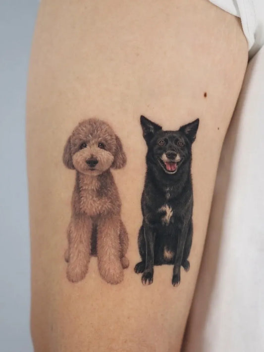 Medium Black and Grey Two Dogs Tattoo on Women Arm by @_youyeon_