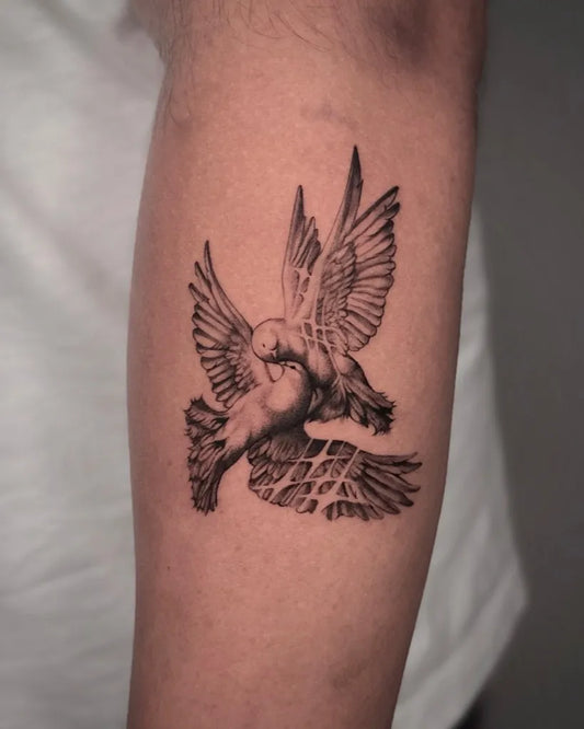 Medium Black and Grey Two Doves Tattoo on Men Arm by @gabi_fenginktattoos