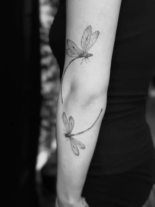 Medium Black and Grey Two Dragonflies on Women Arm Tattoo by @imokay.art