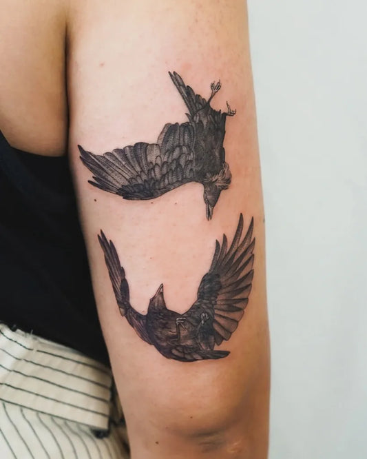 Medium Black and Grey Two Flying Crows Tattoo on Women Arm by @jennyli_tattoo