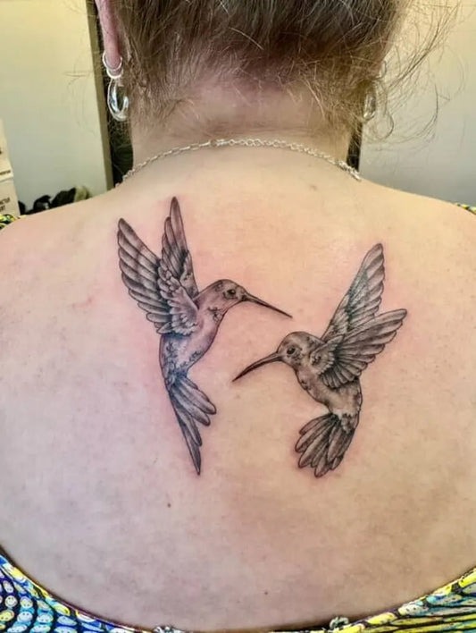 Medium Black and Grey Two Hummingbirds on Women Back Tattoo by @46and2tattoo