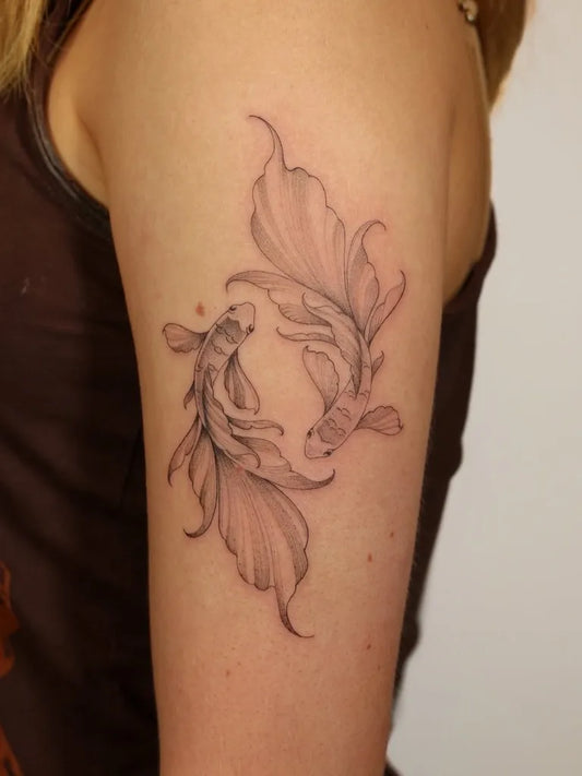 Medium Black and Grey Two Koi Fish Tattoo on Women Arm by @hobojacktattoo