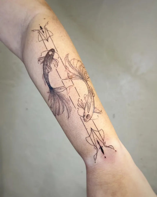 Medium Black and Grey Two Koi Fish Tattoo on Women Arm by @julabell_art