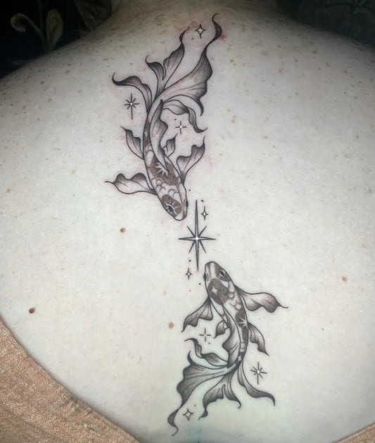 Medium Black and Grey Two Koi Fish Tattoo on Women Back by @ashole15