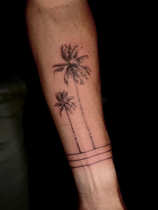 Medium Black and Grey Two Palm Trees and Double Band Tattoo on Men Arm by @ajltattoos