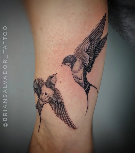 Medium Black and Grey Two Swallows Tattoo on Women Thigh by @briansalvador_tattoo
