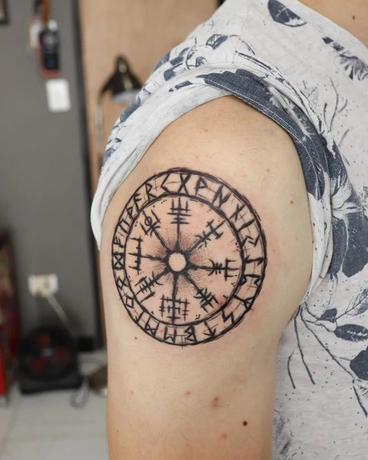 Medium Black and Grey Vegvisir Tattoo on Men Shoulder by @valhallatattooshop