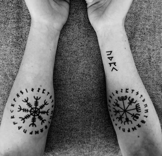Medium Black and Grey Vegvisir and Runes Tattoo on Men Forearms by @_michele_tattoo
