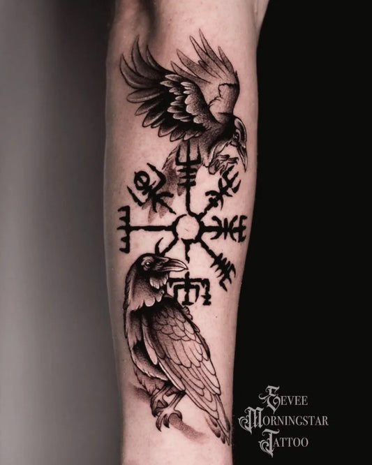 Medium Black and Grey Vegvisir with Ravens Tattoo on Men Arm by @eevee_morningstar_tattoo