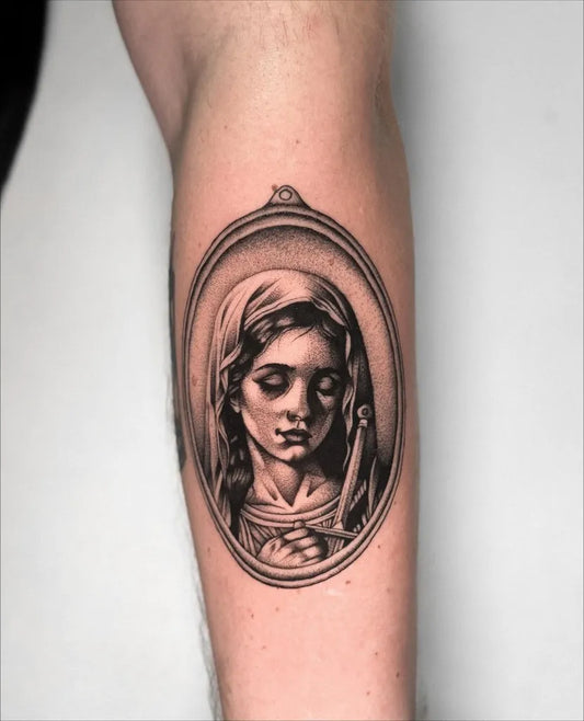 Medium Black and Grey Virgin Mary Portrait Tattoo on Men Arm by @xray_tattoos