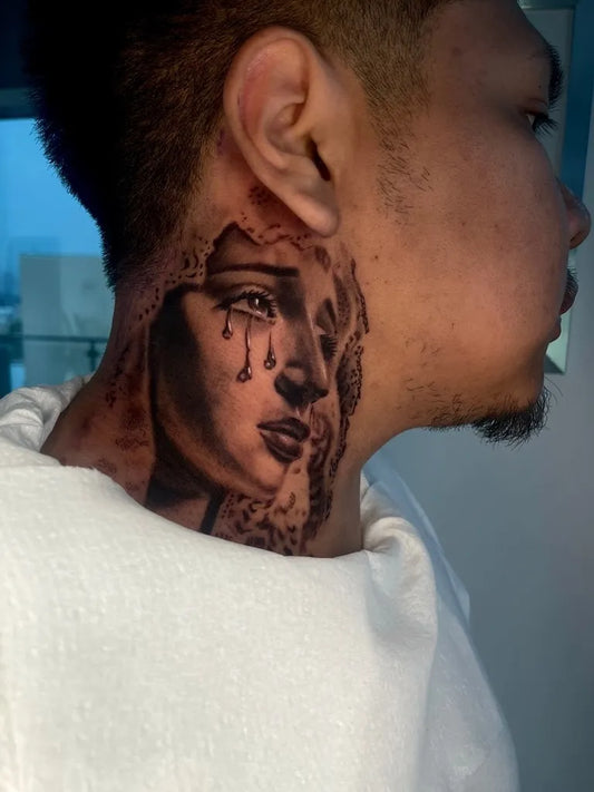 Medium Black and Grey Virgin Mary Portrait Tattoo on Men Neck by @charles_arizmendy