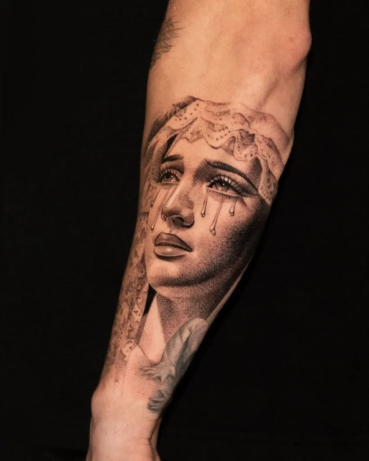 Medium Black and Grey Virgin Mary Tattoo on Men Arm by @johnpereztattoos