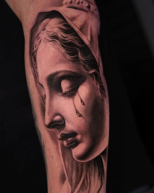 Medium Black and Grey Virgin Mary Tattoo on Men Arm by @samuelzeca