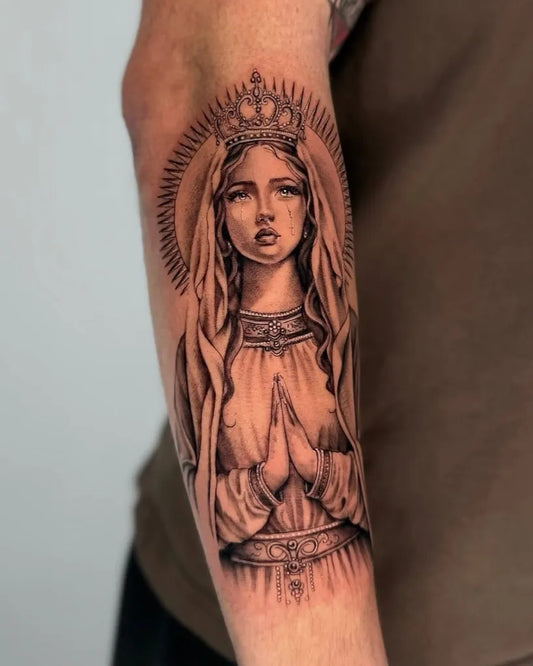Medium Black and Grey Virgin Mary Tattoo on Men Arm by @seventattoovegas