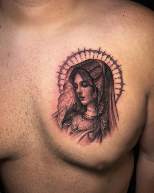 Medium Black and Grey Virgin Mary Tattoo on Men Chest by @ruth_vandal