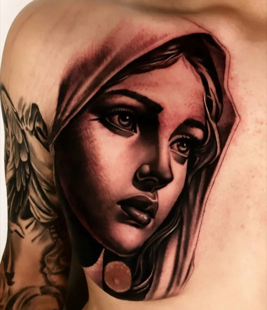 Medium Black and Grey Virgin Mary Tattoo on Men Shoulder by @bigrichtattoos