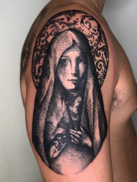 Medium Black and Grey Virgin Mary Tattoo on Men Shoulder by @fox.ttt