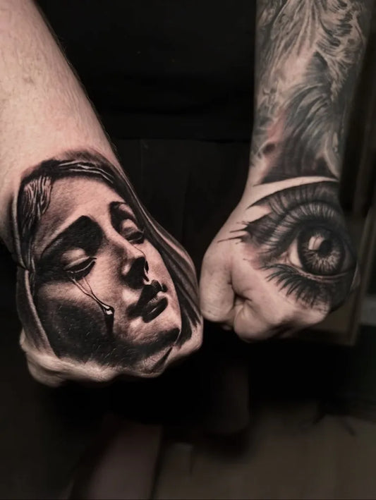 Medium Black and Grey Virgin Mary and Eye Tattoo on Men Hands by @martinmooretattoos