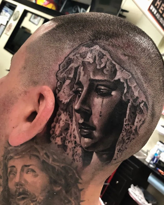 Medium Black and Grey Virgin Mary and Jesus Tattoo on Men Head by @adtattoos