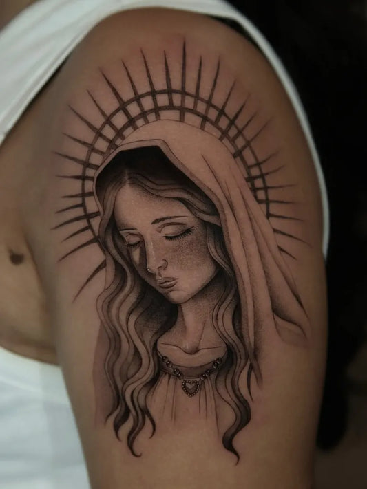 Medium Black and Grey Virgin Mary with Halo Tattoo on Men Shoulder by @ale_m.i.a