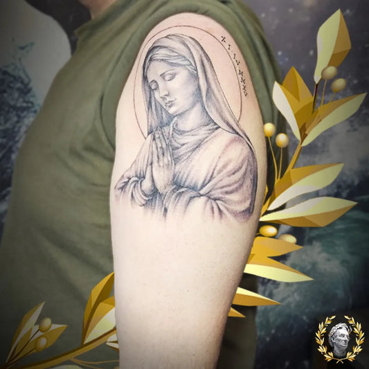 Medium Black and Grey Virgin Mary with Laurel Wreath Spiritual Tattoo on Men Arm by @caesarink.kosova
