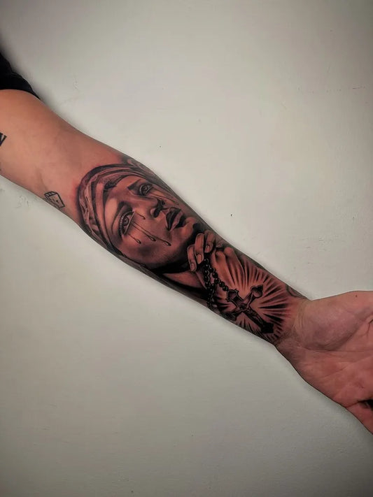 Medium Black and Grey Virgin Mary with Rosary and Sacred Heart Tattoo on Men Arm by @mandomilli