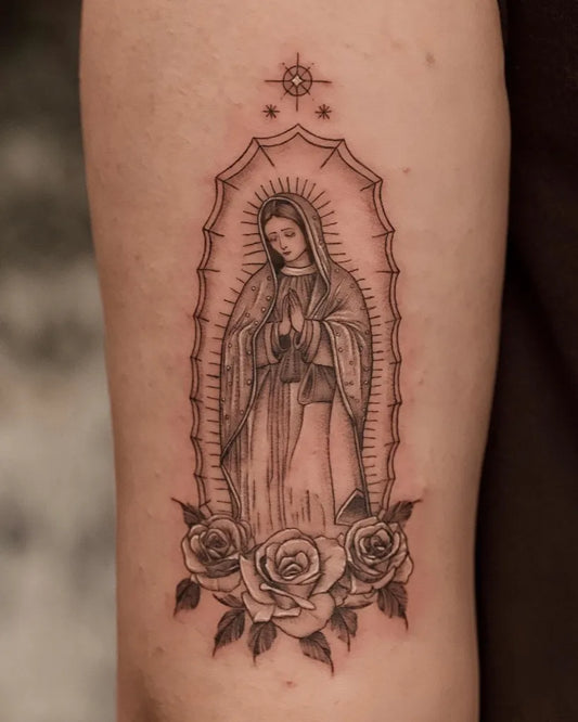Medium Black and Grey Virgin Mary with Roses Tattoo on Women Arm by @d.w._mod